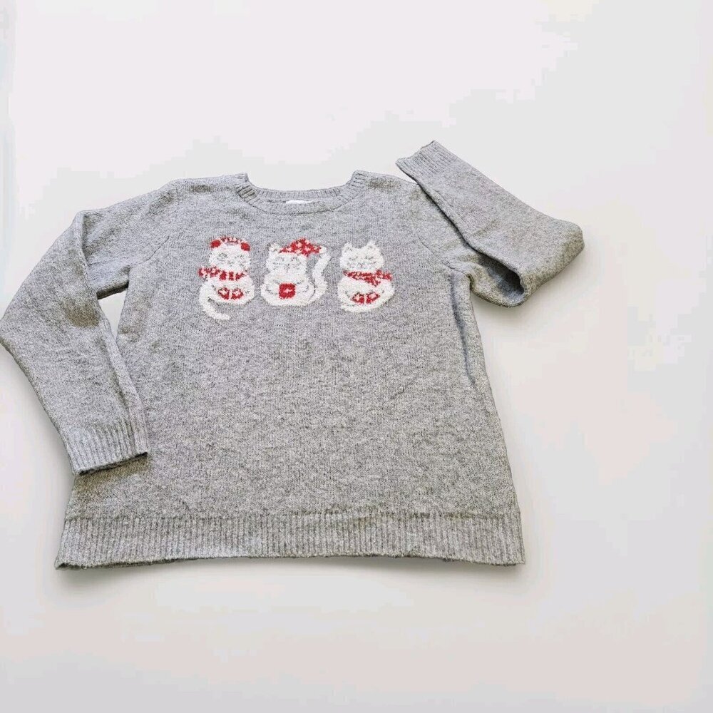 Cupcakes & Cashmere Sweater Women L Gray Christmas Cats LS Crewneck Cozy Holiday
